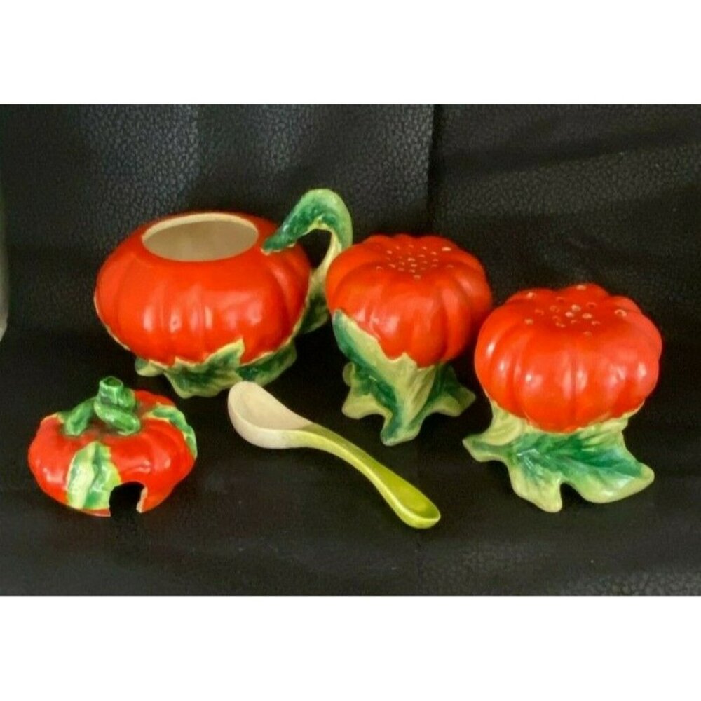 Vintage Pumpkin Tomato Salt Pepper Cream & Sugar 5 Pc Set - Made In Japan